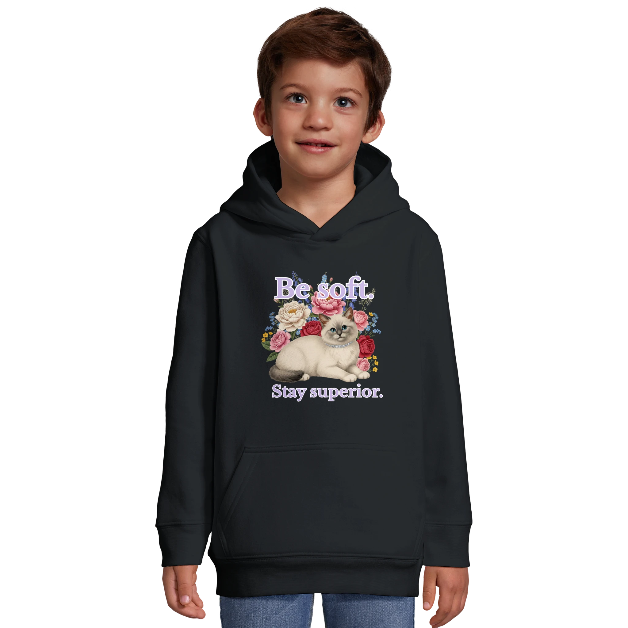 kids hoodie with be soft stay superior cat design – cozy children’s cat lover sweatshirt black