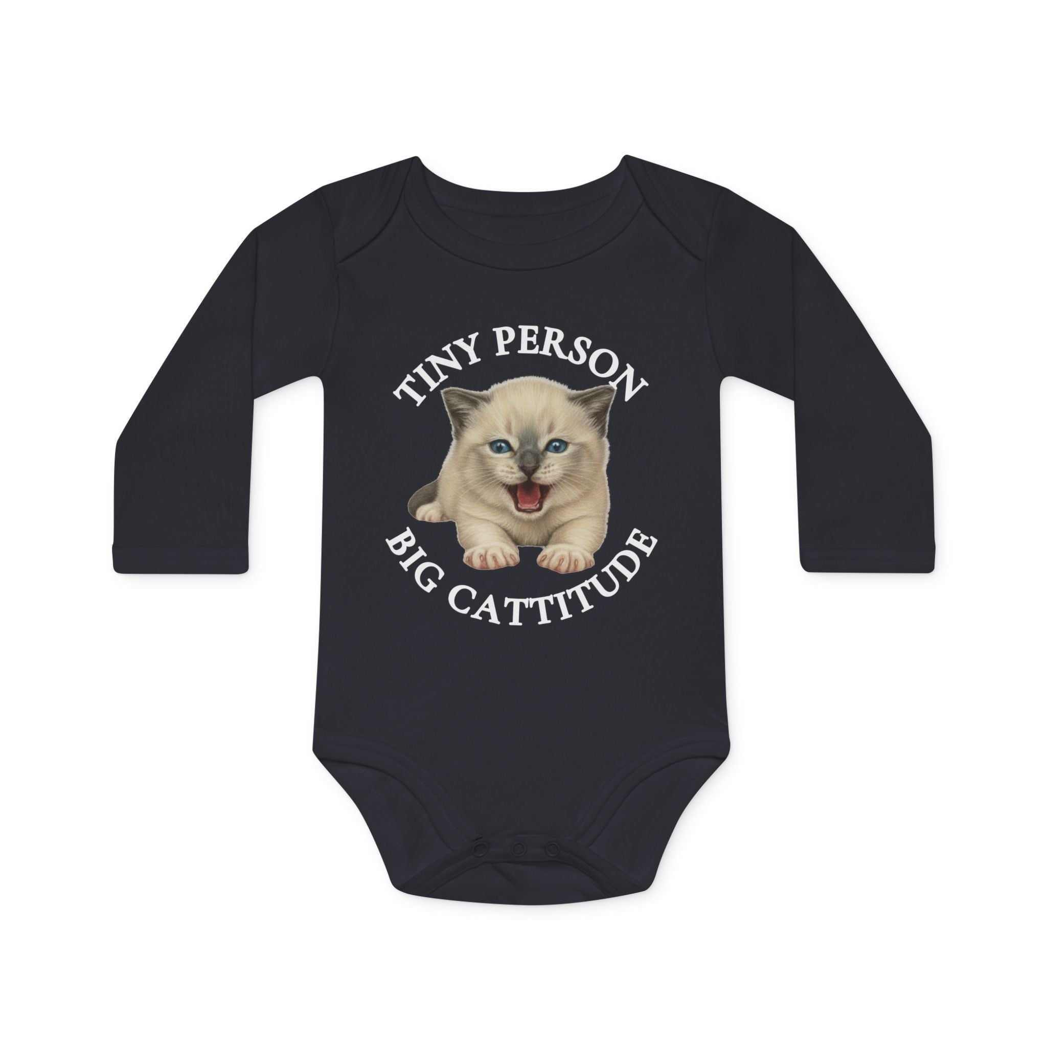 tiny person big cattitude baby bodysuit – cute organic long-sleeve cat-themed infant outfit