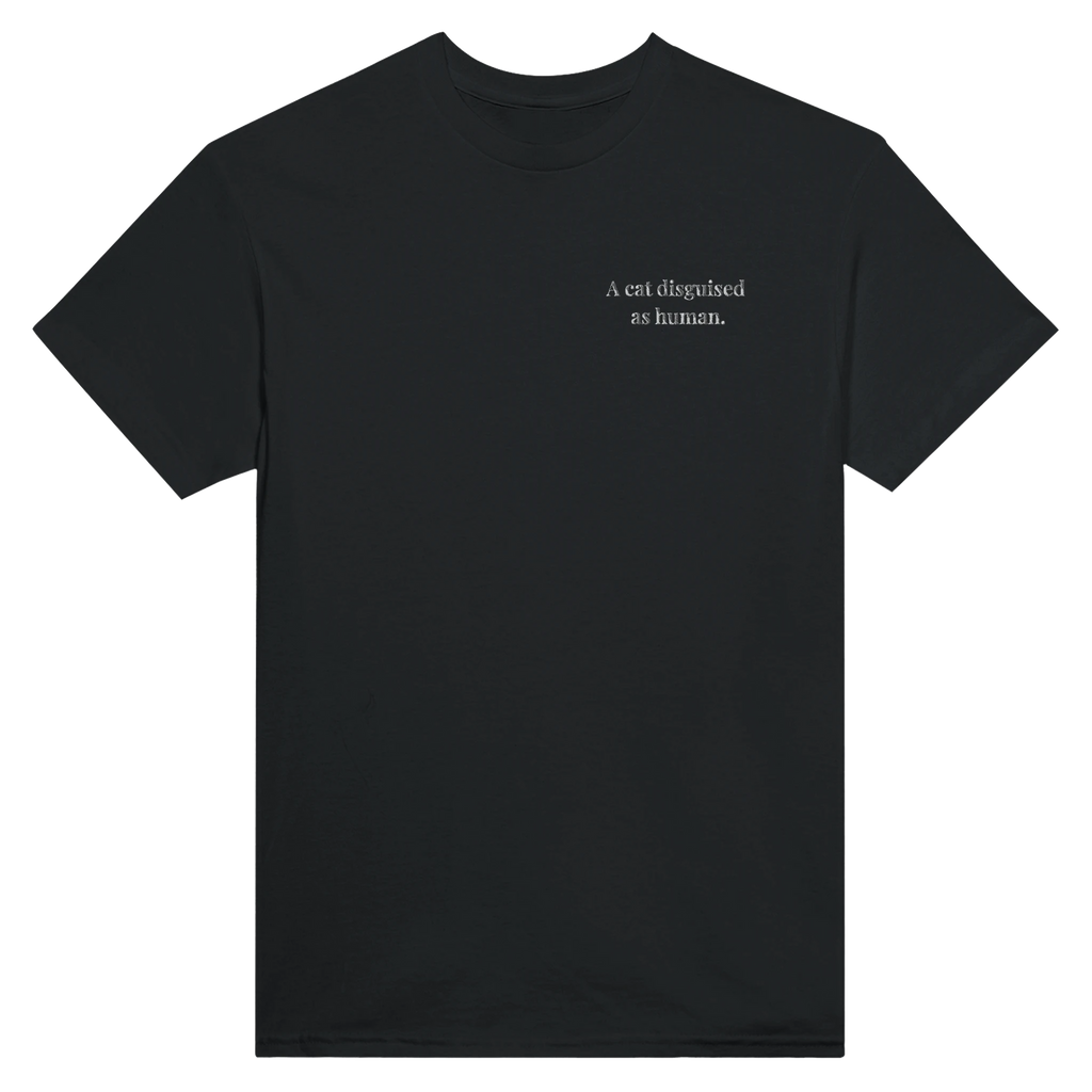 embroidered cat disguised as human t-shirt – minimalist embroidered cat design on heavyweight tee