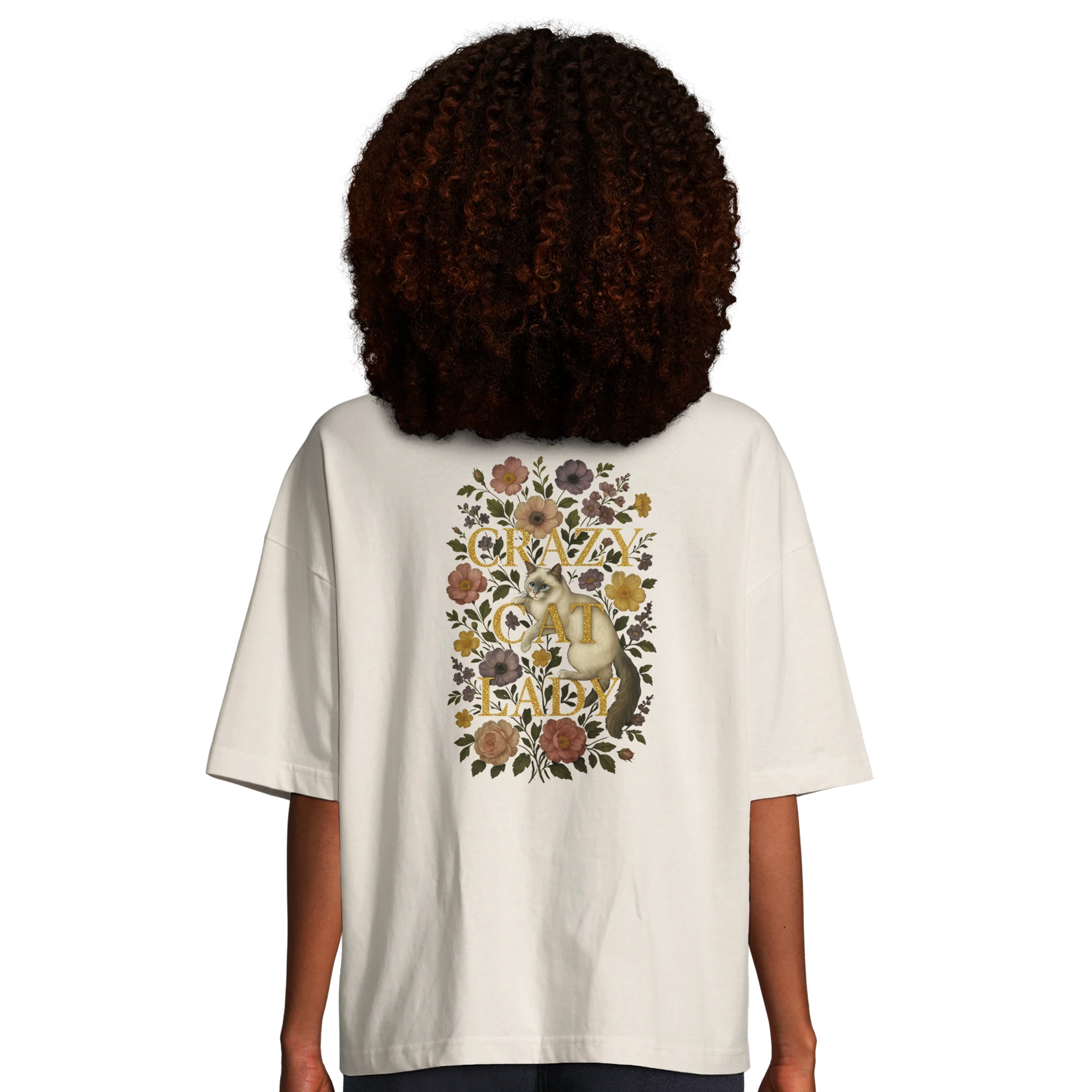 organic oversized crazy cat lady t-shirt for women – floral ragdoll cat illustration aesthetic tee
