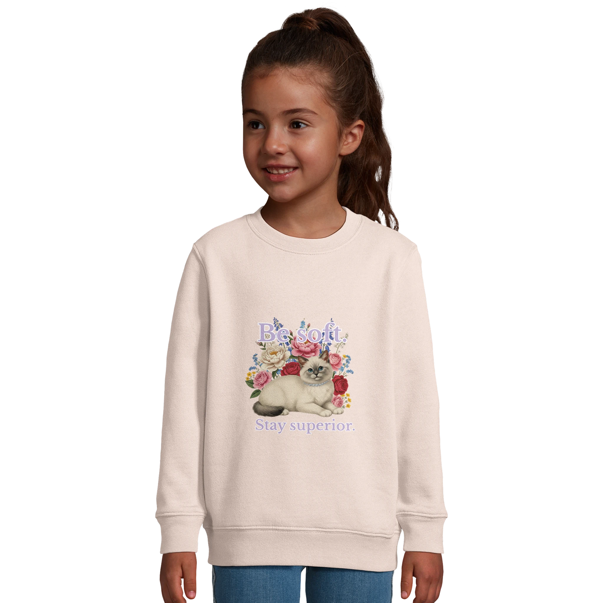 kids cat sweatshirt shown on flatlay – eco-friendly recycled blend fabric