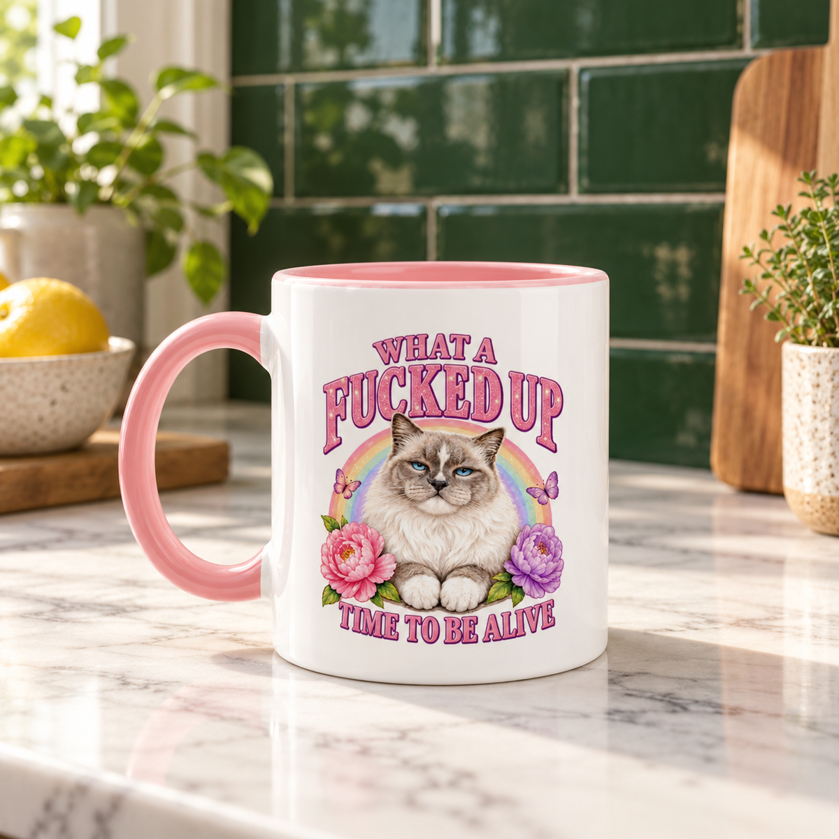 Pink cat mug with vintage ragdoll, roses and rainbow print on a marble kitchen counter – What a Fucked Up Time to Be Alive