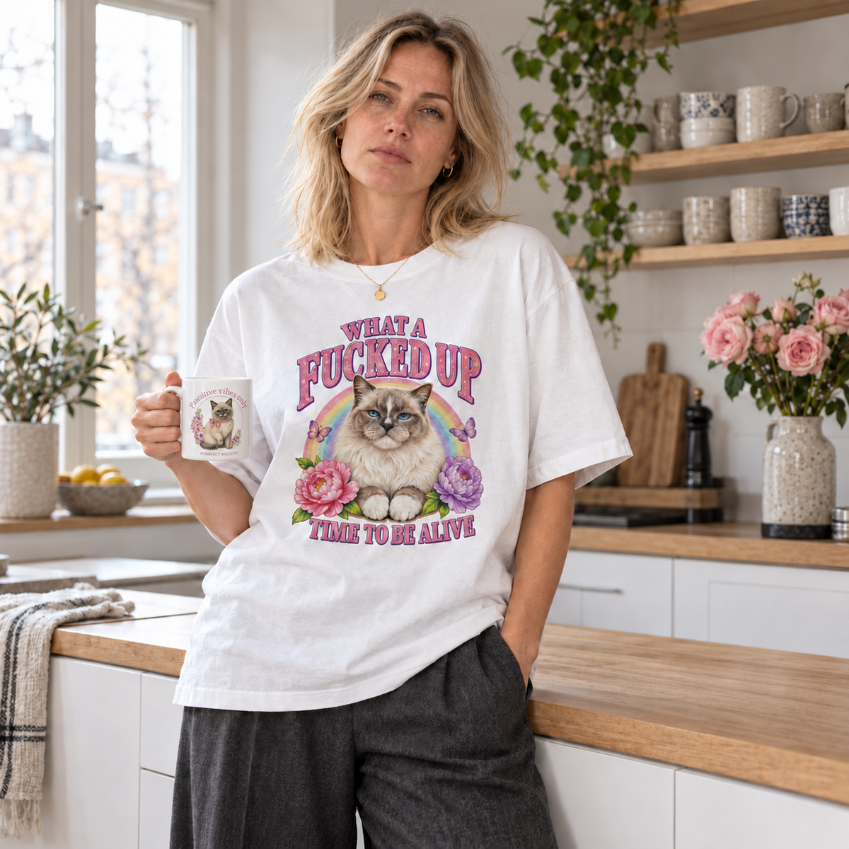 Woman wearing white oversized cat t-shirt with vintage ragdoll, roses and rainbow print – What a Fucked Up Time to Be Alive