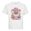 White oversized t-shirt with vintage ragdoll cat, roses and rainbow print – What a Fucked Up Time to Be Alive, front view