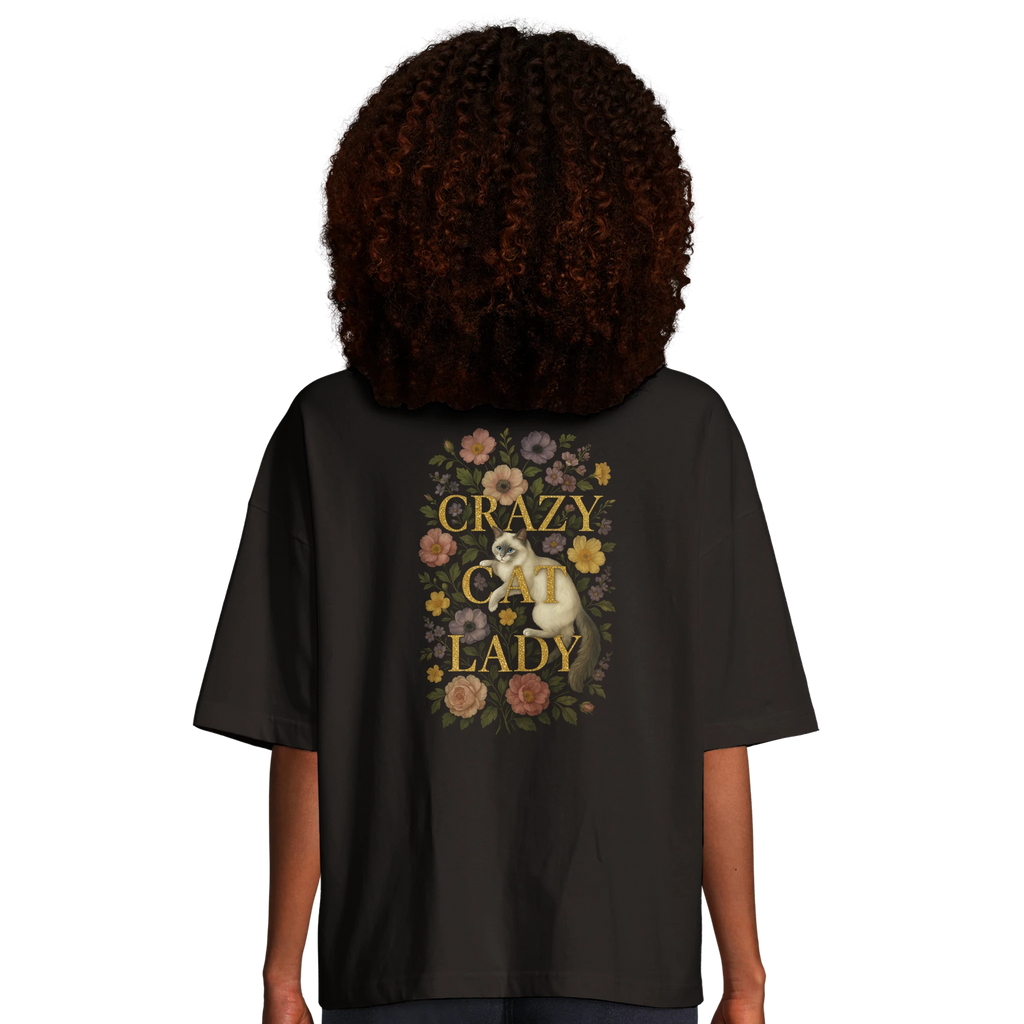 organic oversized crazy cat lady t-shirt for women – floral ragdoll cat illustration aesthetic tee