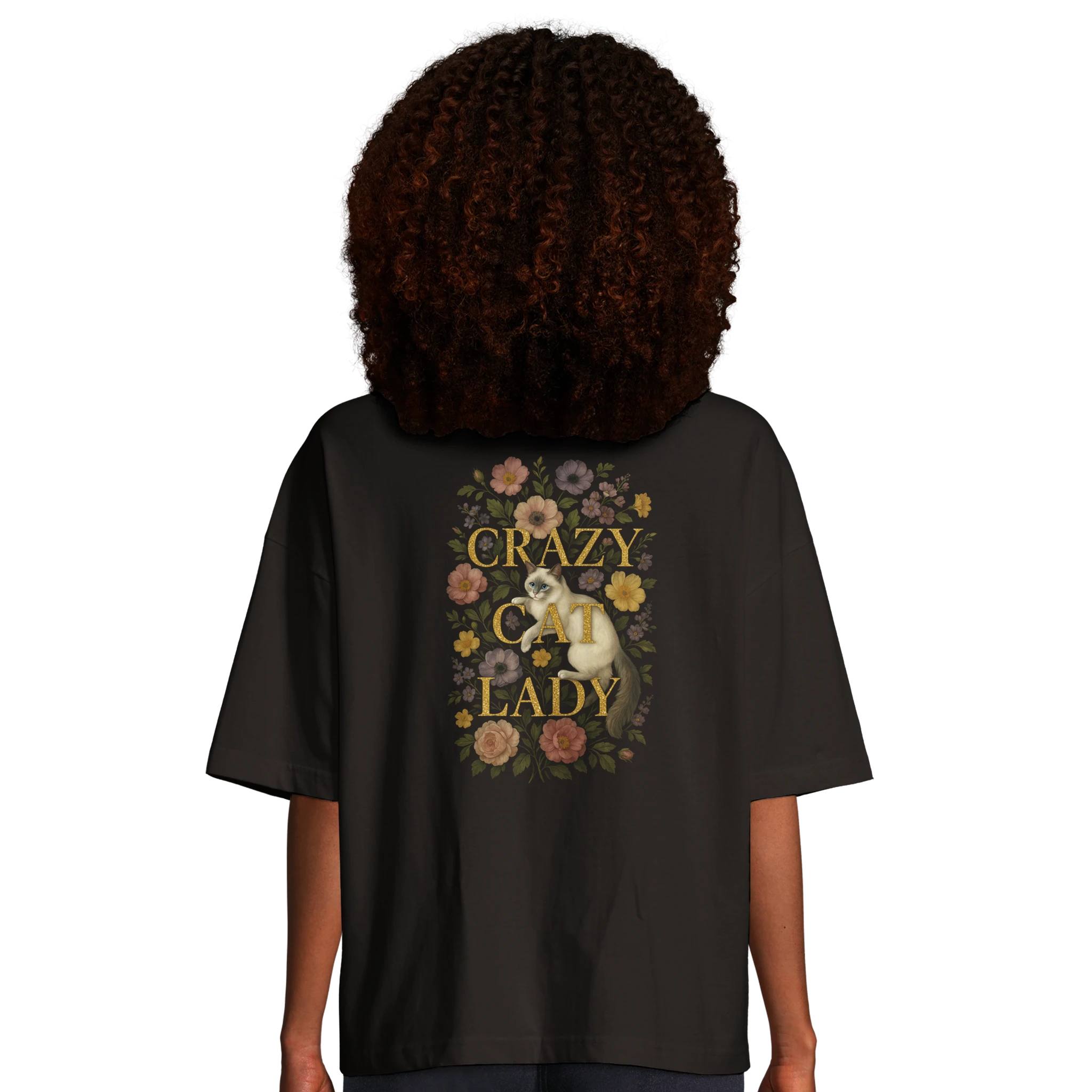 organic oversized crazy cat lady t-shirt for women – floral ragdoll cat illustration aesthetic tee