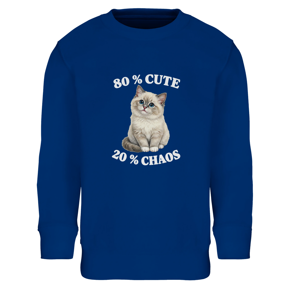 Royal blue kids sweatshirt with fluffy kitten print and text 80 % Cute, 20 % Chaos
