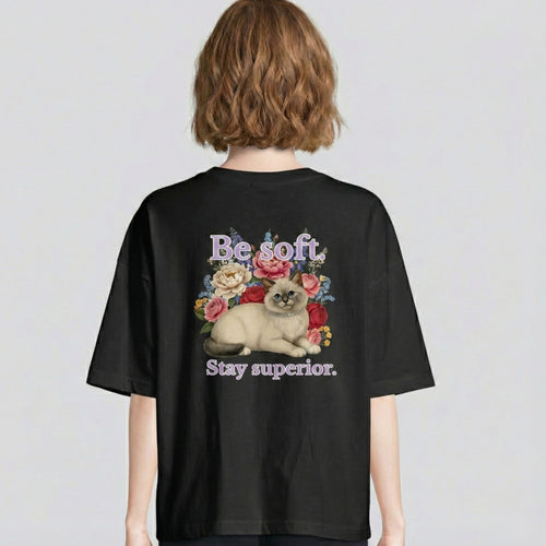 organic oversized be soft stay superior cat t-shirt – aesthetic minimalist cat design for women