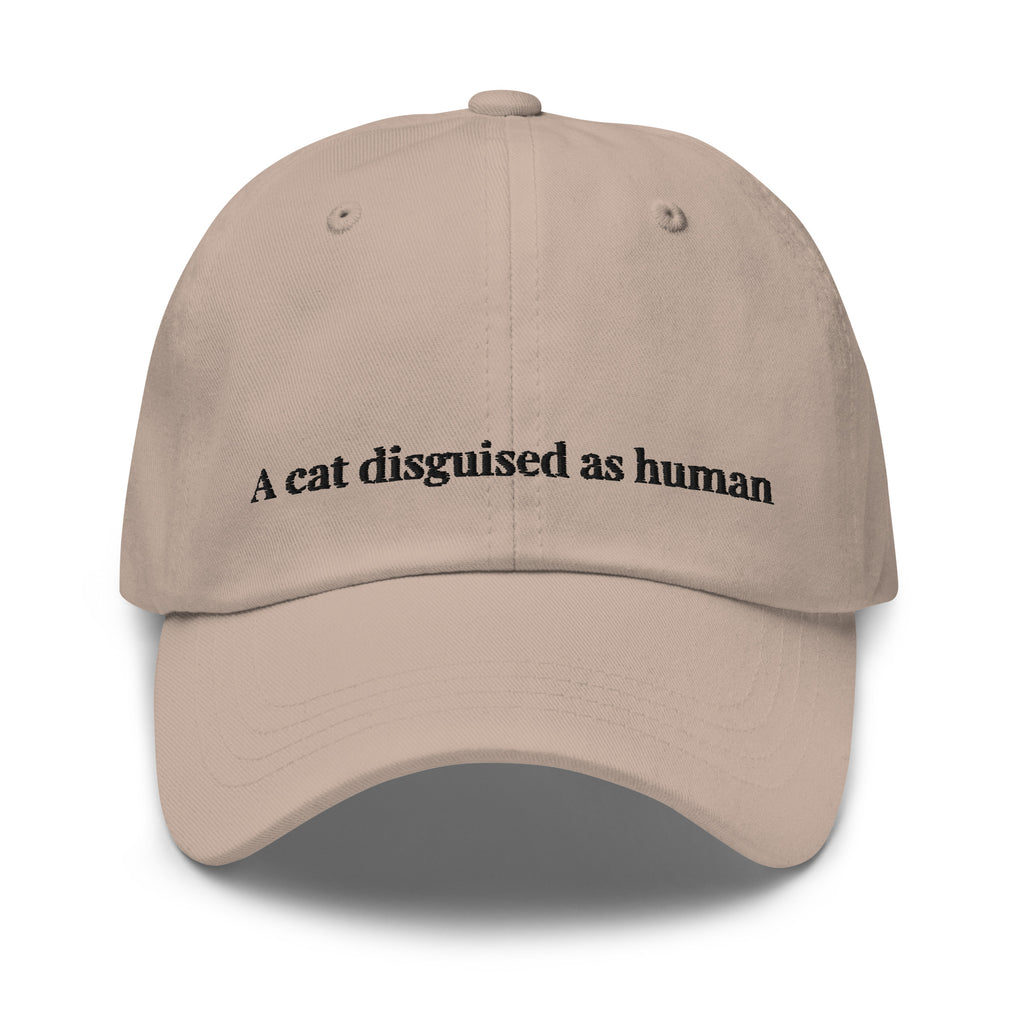 embroidered cap with cat disguised as human design – minimalist cat embroidery hat