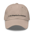 embroidered cap with cat disguised as human design – minimalist cat embroidery hat