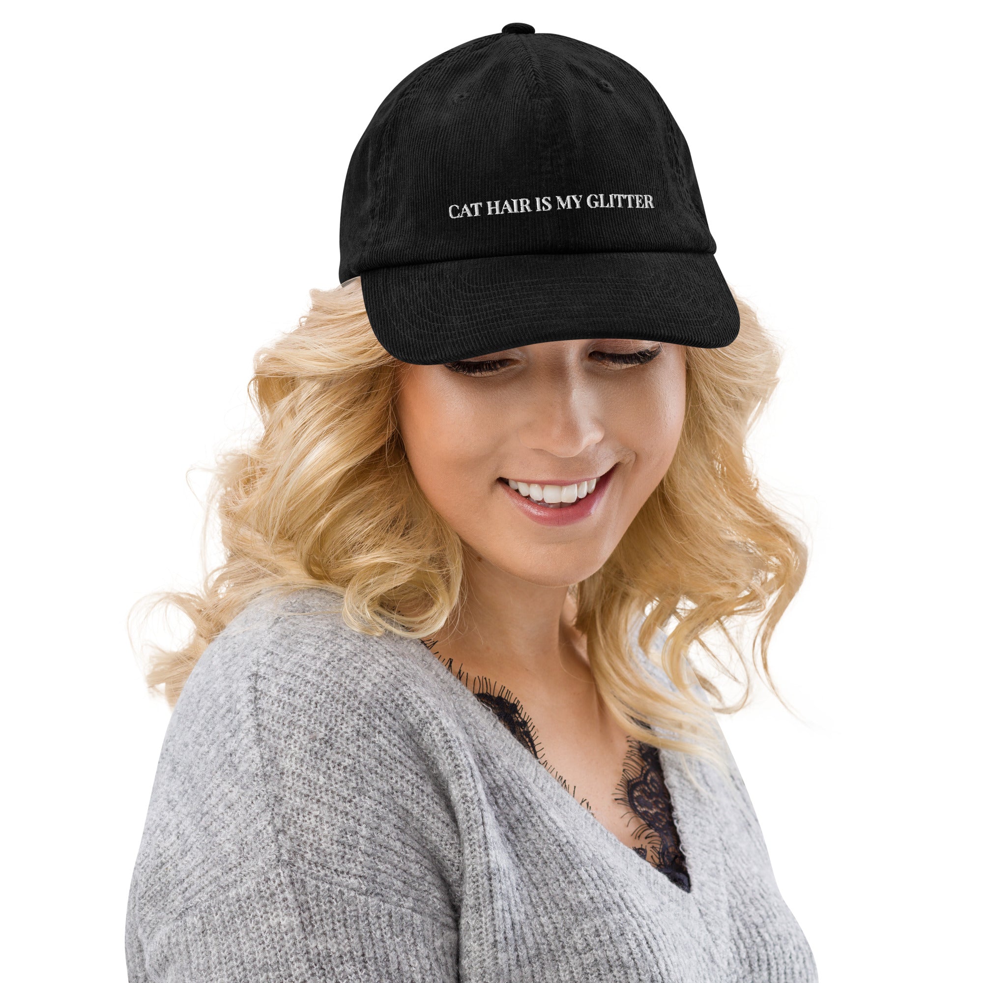 corduroy cap with cat hair is my glitter embroidered design – funny cat lover hat black