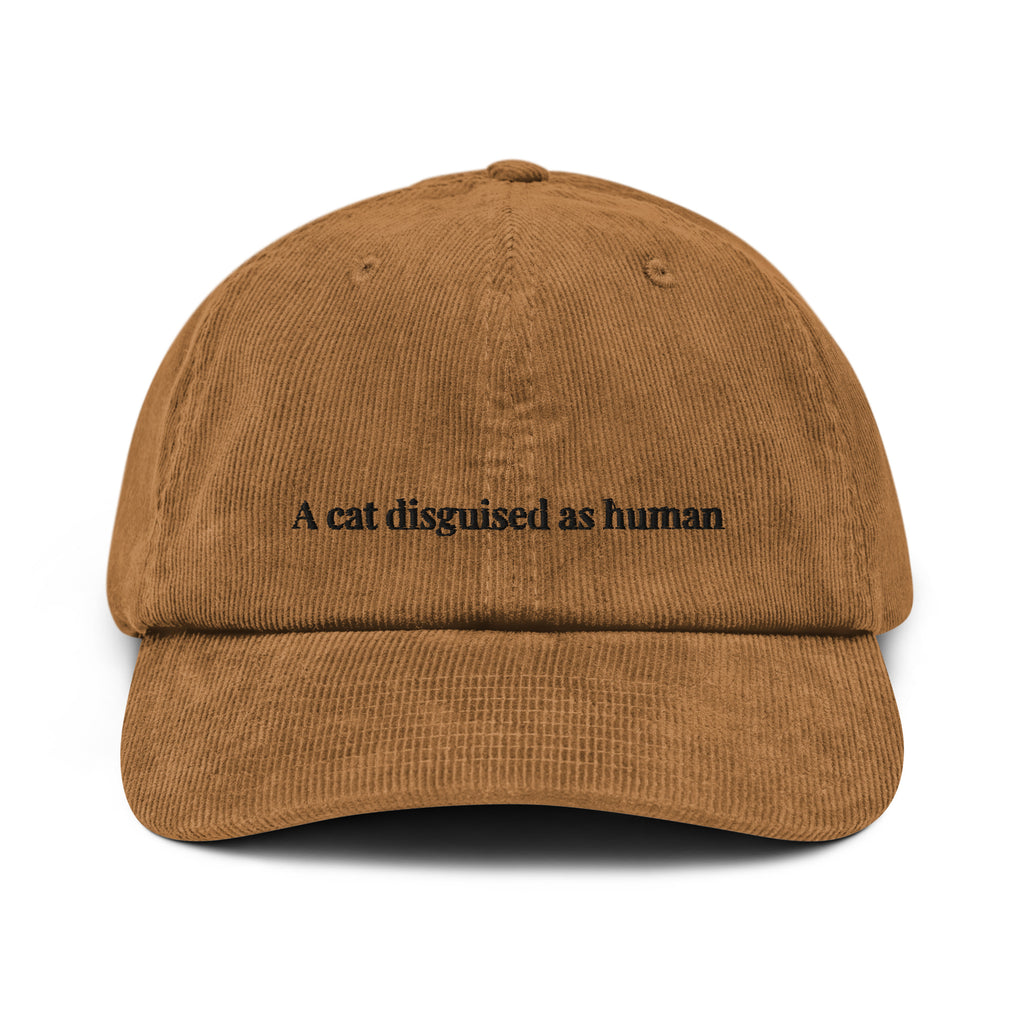 corduroy cap with embroidered cat disguised as human design – aesthetic textured cat hat