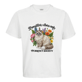 White oversized t-shirt with fluffy ragdoll cat, pastel wildflowers and text Pawsitive Vibes Only