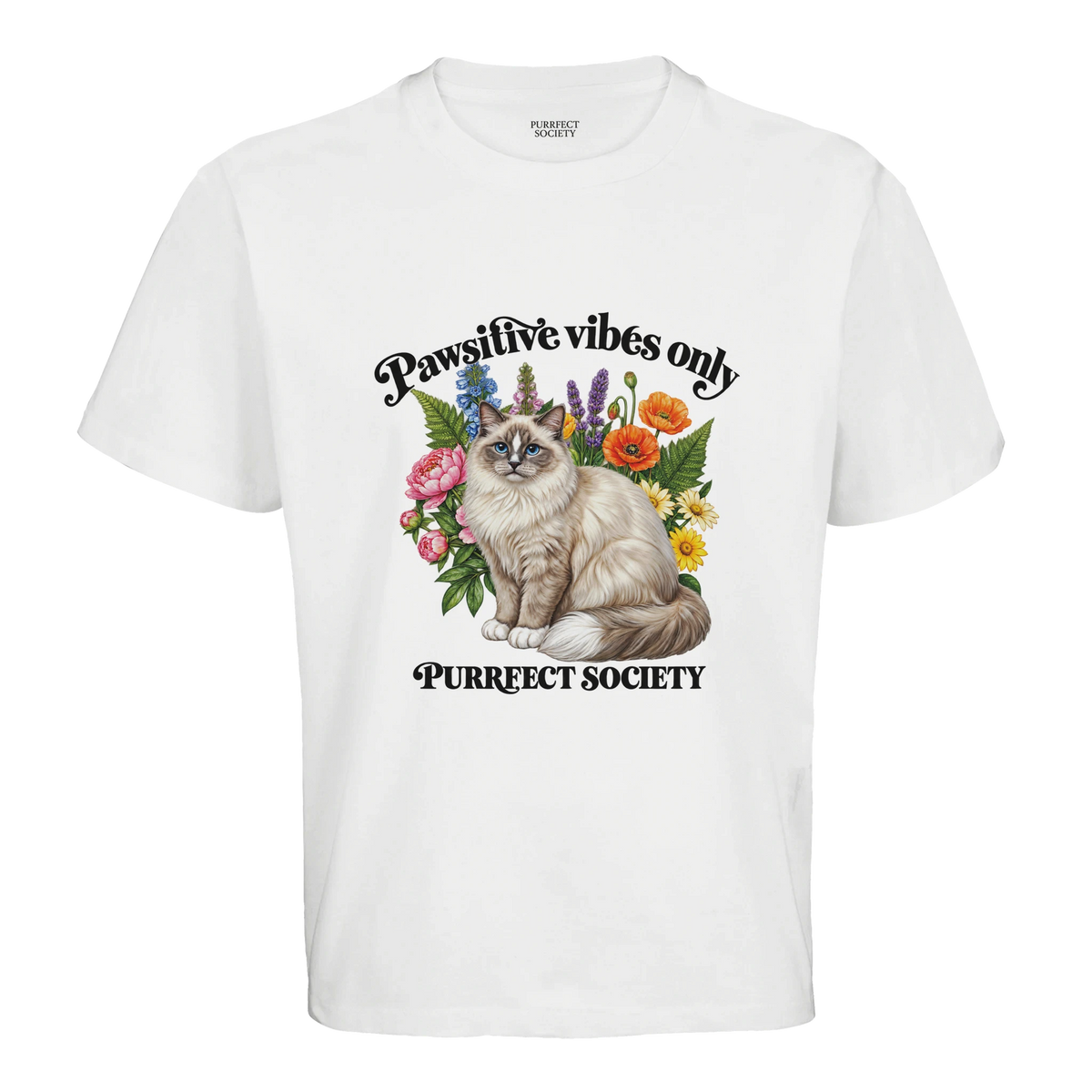 White oversized t-shirt with fluffy ragdoll cat, pastel wildflowers and text Pawsitive Vibes Only