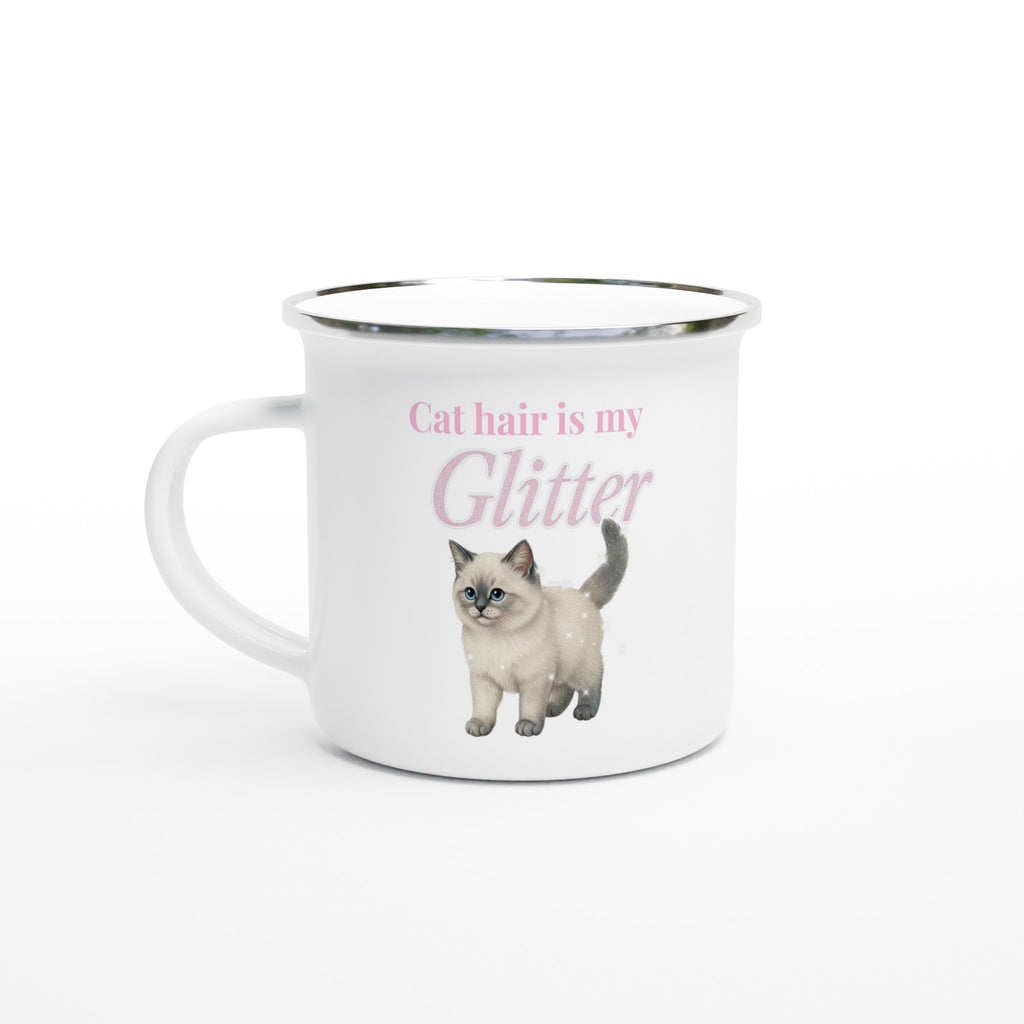 cat hair is my glitter enamel mug – funny cat lover cup with playful design