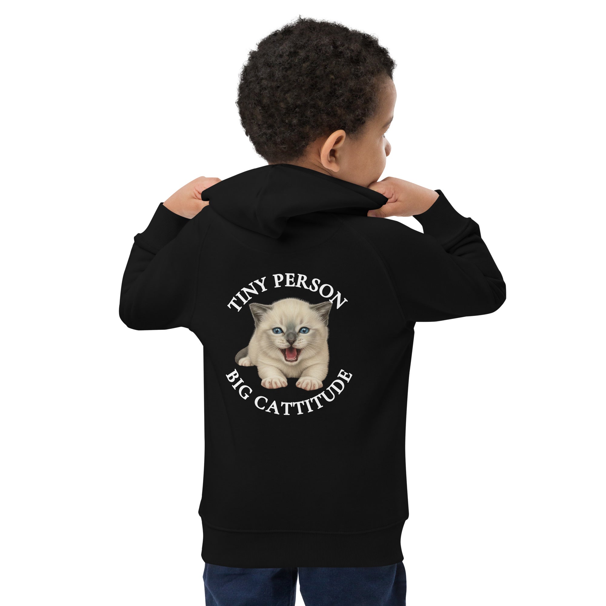 Product kids premium eco hoodie with tiny person big cattitude design – cute cat-themed children’s hoodie