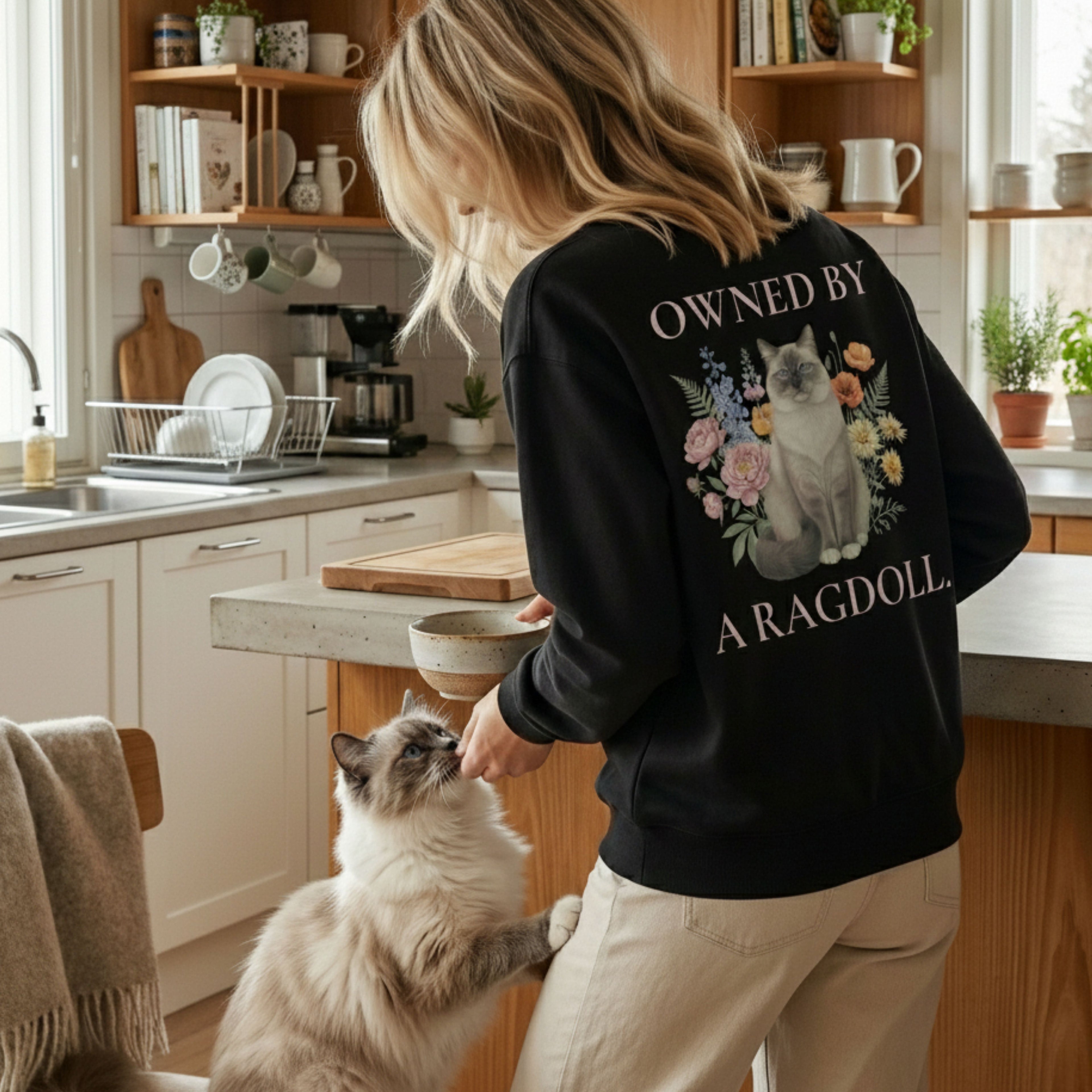 unisex premium sweatshirt with ragdoll cat illustration – owned by a ragdoll design