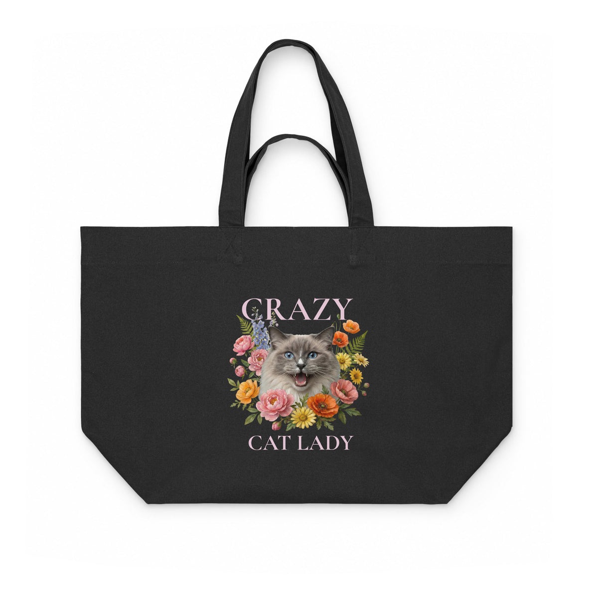Black canvas shopping bag with vintage ragdoll cat and florals – Crazy Cat Lady