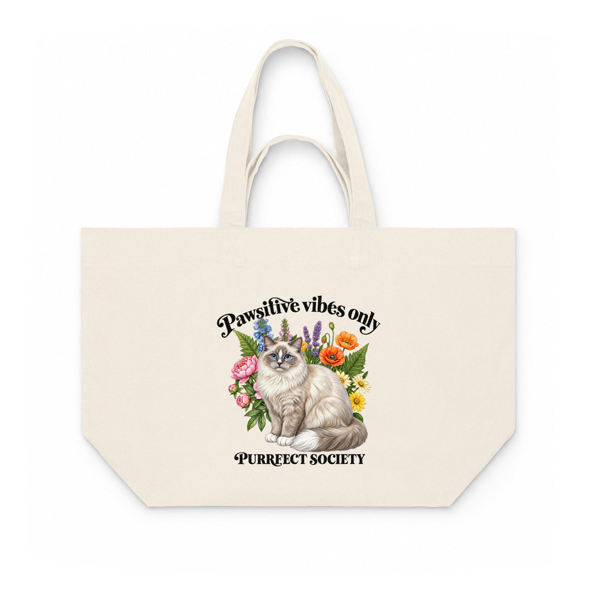 Natural off-white canvas shopping bag with fluffy ragdoll cat and pastel wildflowers – Pawsitive Vibes Only