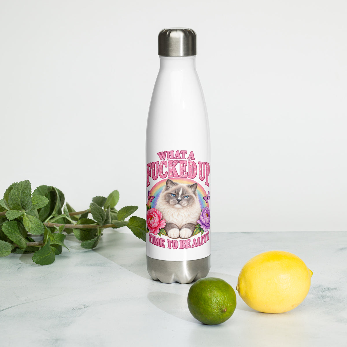 White stainless steel cat water bottle with ragdoll and rainbow design – front view