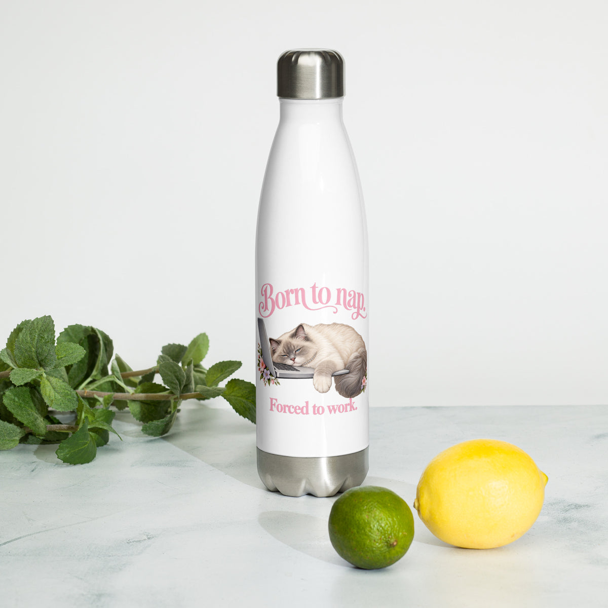 White stainless steel cat water bottle with sleeping ragdoll design – front view