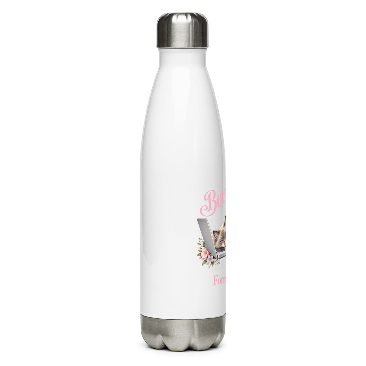 Born to Nap. Forced to Work. cat water bottle – right side