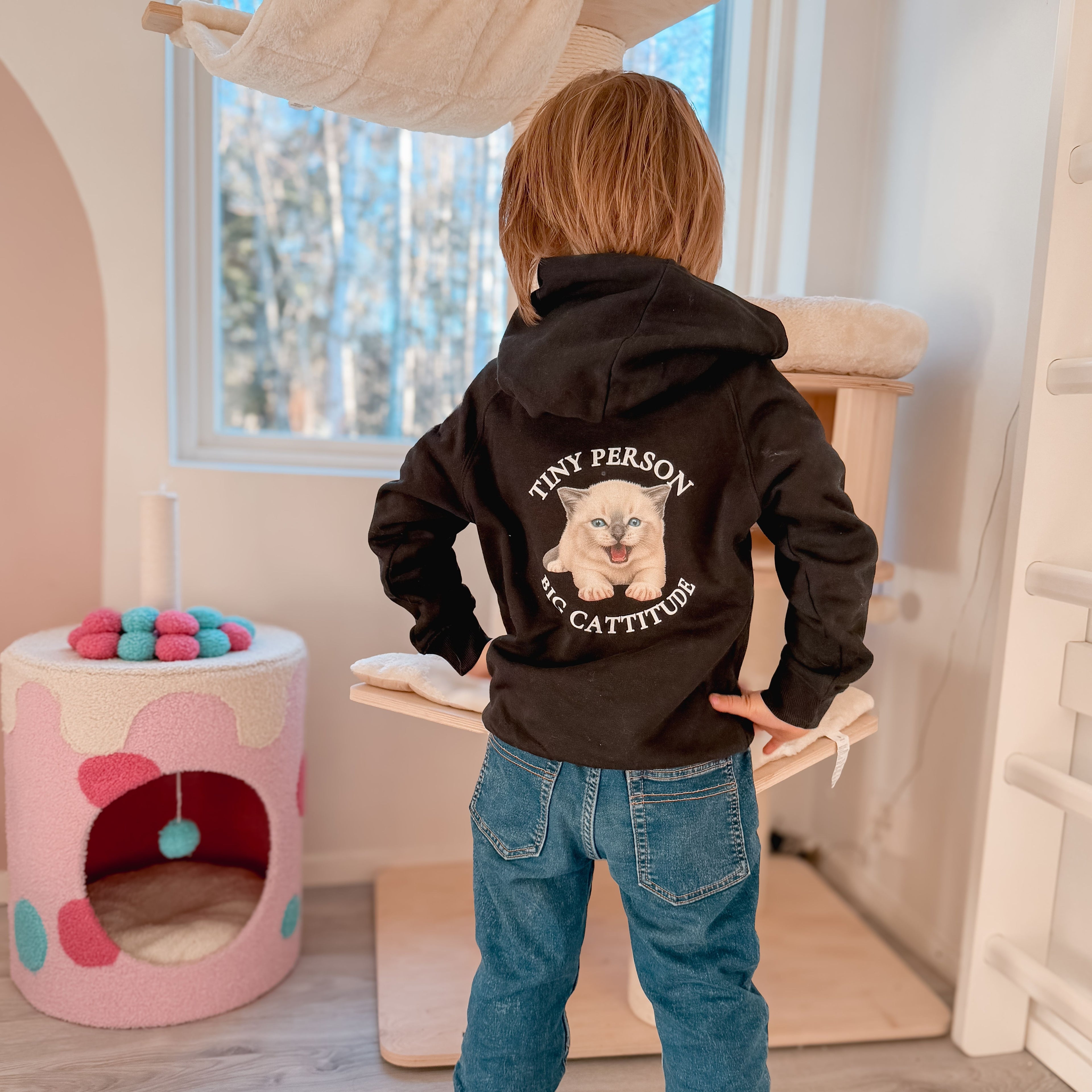 kids premium eco hoodie with tiny person big cattitude design – cute cat-themed children’s hoodie black